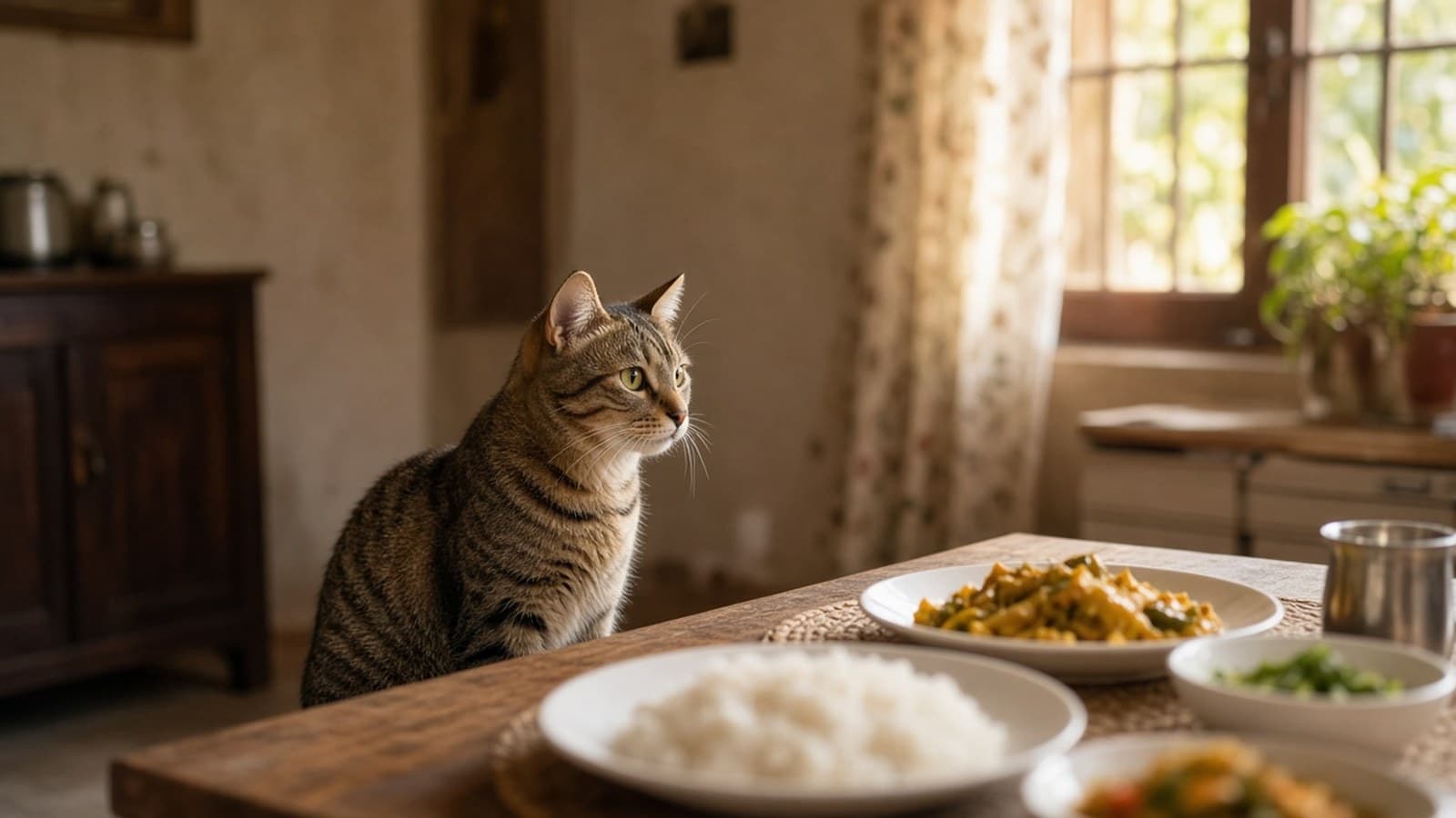 Tabby cat sitting beside a wooden kitchen table, watching a family meal with curiosity in warm afternoon light
