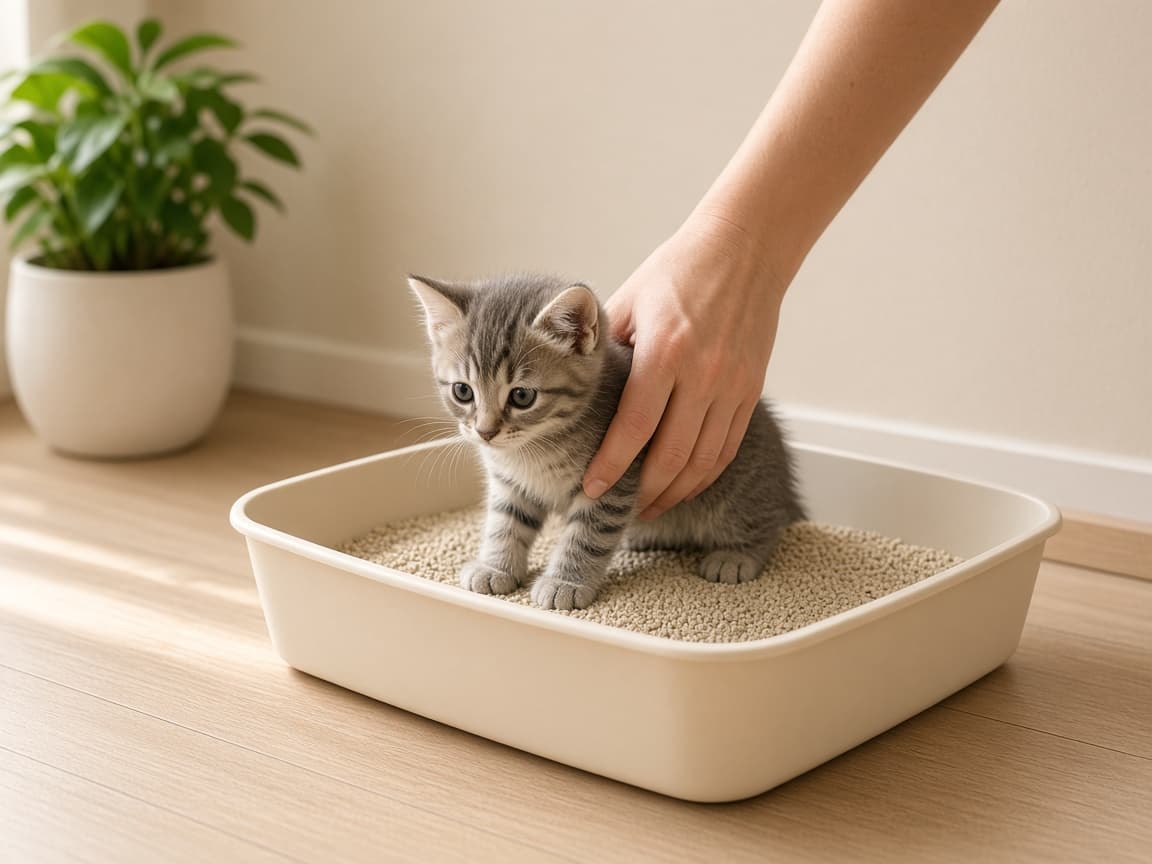 Owner gently placing a grey tabby kitten into a shallow litter box