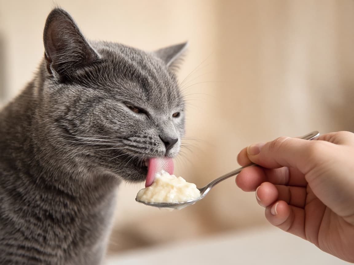 Grey cat licking a creamy treat from a small spoon held by its owner