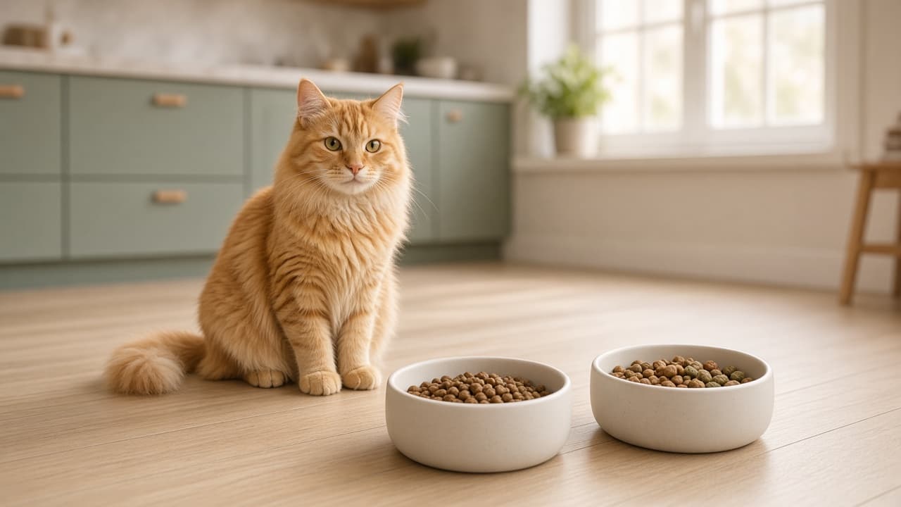Ginger cat sitting beside two bowls of dry cat food in a bright kitchen