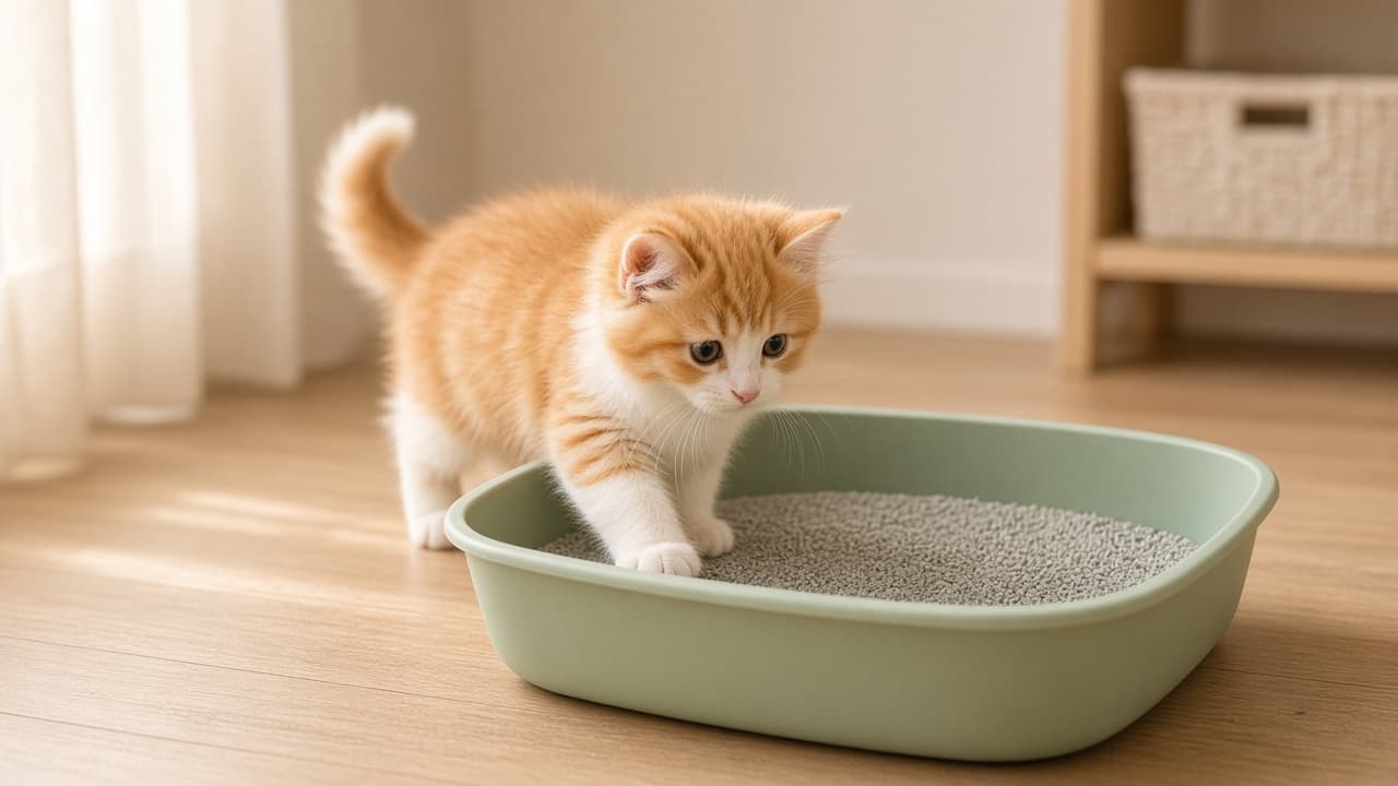 Orange and white kitten stepping into a green litter box in a bright home