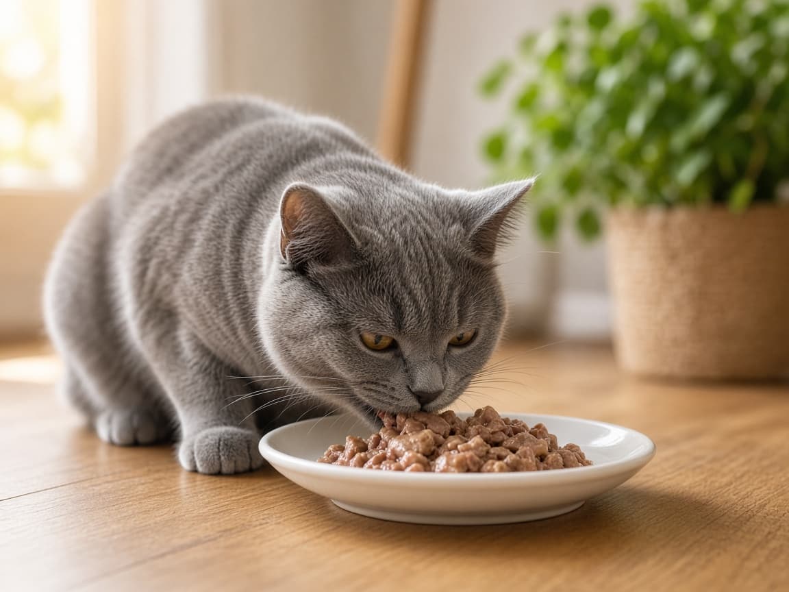 Grey cat eating wet food from a plate on a wooden floor