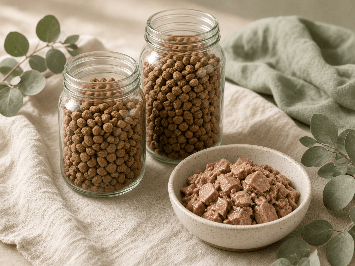 Glass jars of dry cat kibble and a bowl of wet cat food chunks on a linen cloth