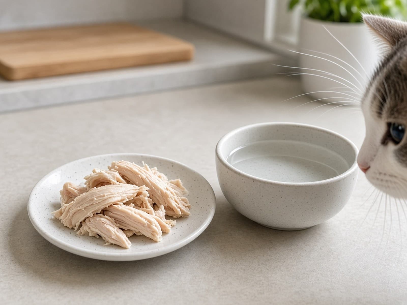 Small white plate of plain boiled chicken pieces next to a bowl of fresh water on a kitchen counter, with a cat nearby