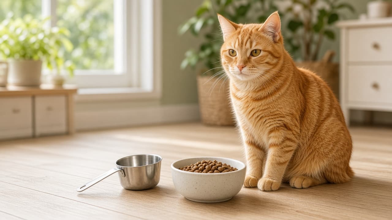 Orange tabby cat sitting beside a measured bowl of dry cat food and a measuring cup