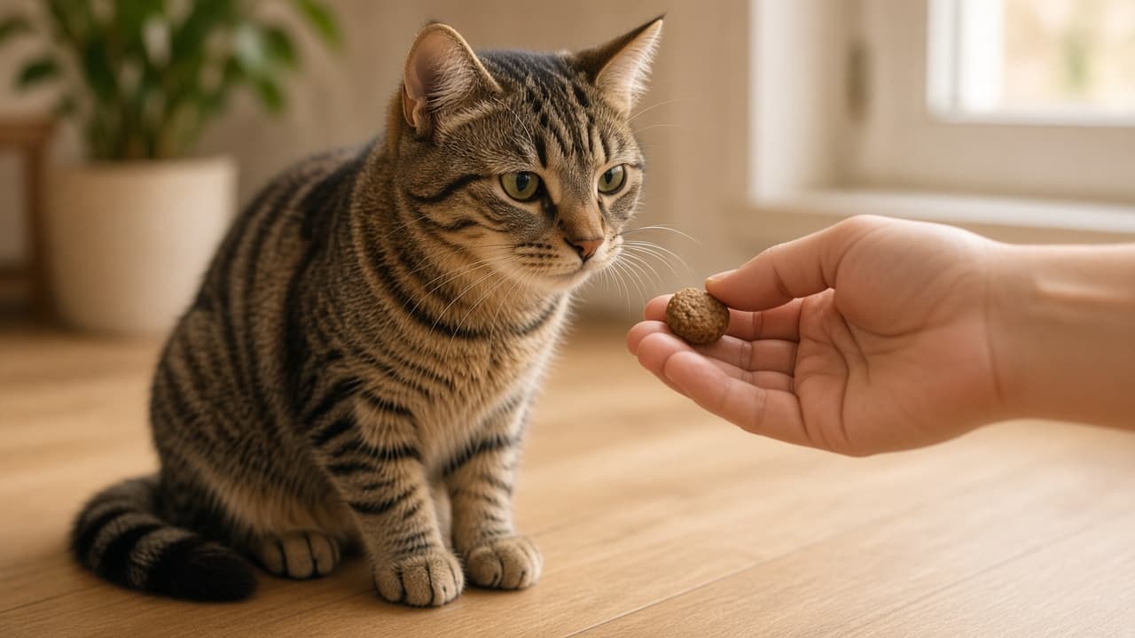 Tabby cat sitting calmly on a wooden floor as a hand offers a small treat