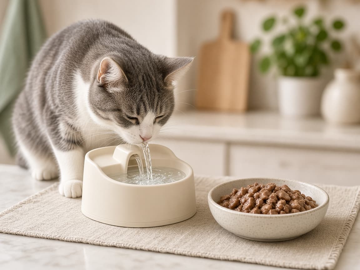 Grey and white cat drinking from a small pet water fountain beside a bowl of wet cat food