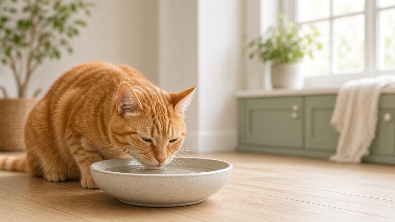Ginger tabby cat drinking from a wide, shallow ceramic water bowl on a light wooden floor