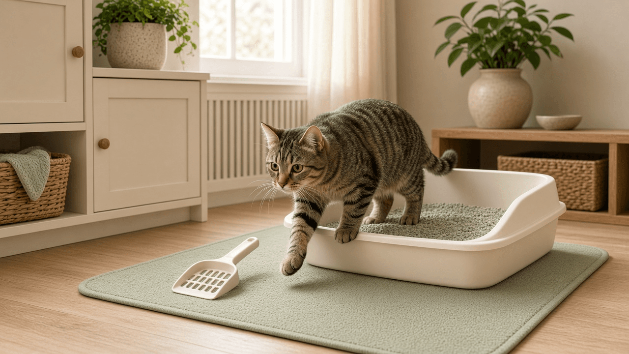 Tabby cat stepping out of a clean open litter tray with a scoop on a green mat
