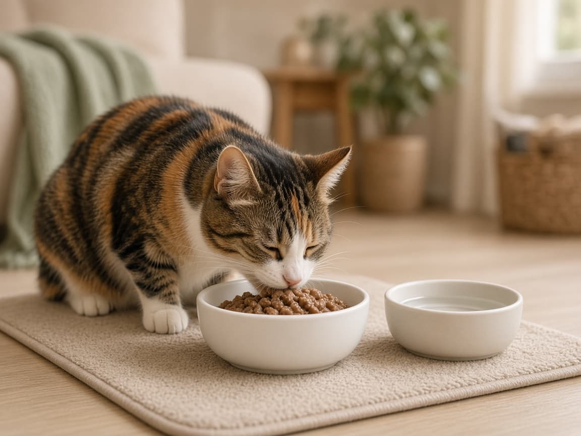 Calico cat eating wet food from a white bowl beside a water bowl