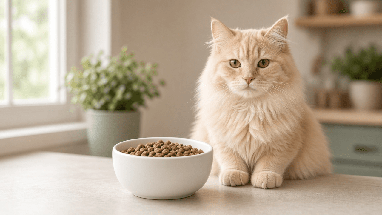 Fluffy cream cat sitting beside a white bowl of dry cat food in soft window light