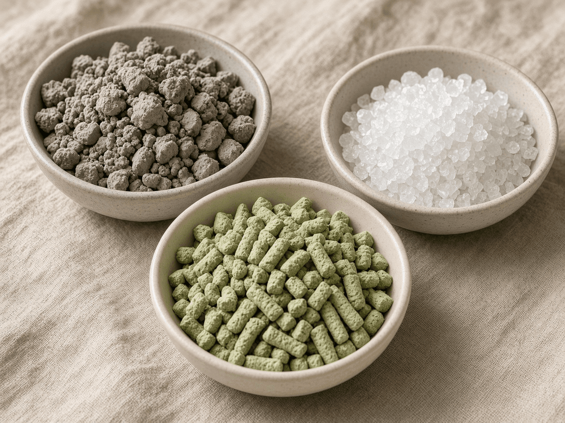 Three bowls comparing grey bentonite clay, green tofu pellet and clear silica crystal cat litter