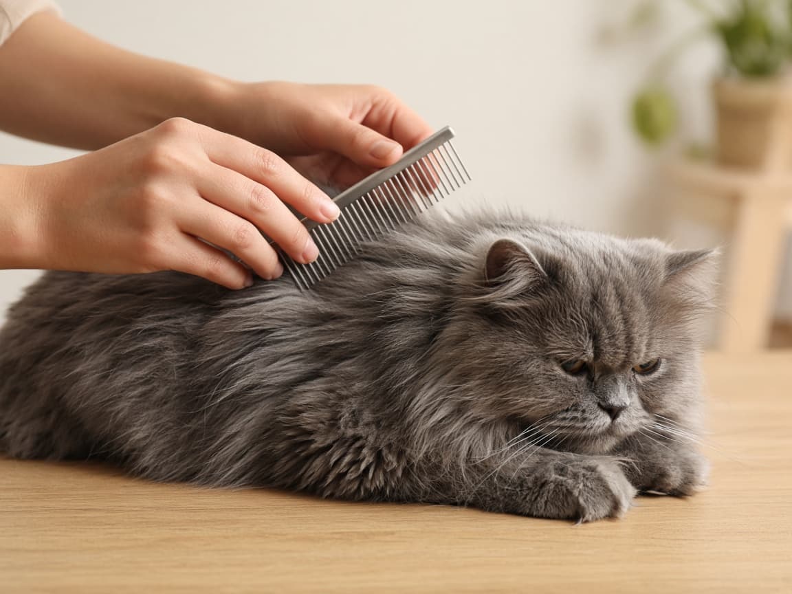 Hands gently combing the long grey coat of a relaxed Persian cat with a wide-tooth metal comb