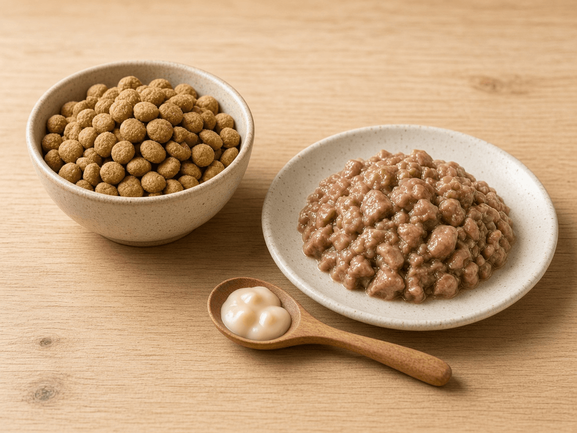 A bowl of dry kibble, a plate of wet cat food and a spoon of creamy treat on a wooden table