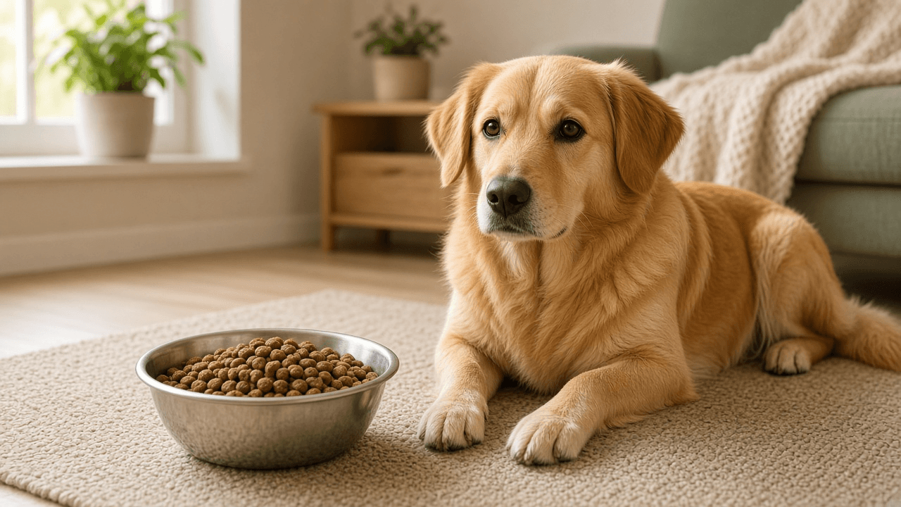 Calm golden dog lying on a rug beside a steel bowl of dry dog food