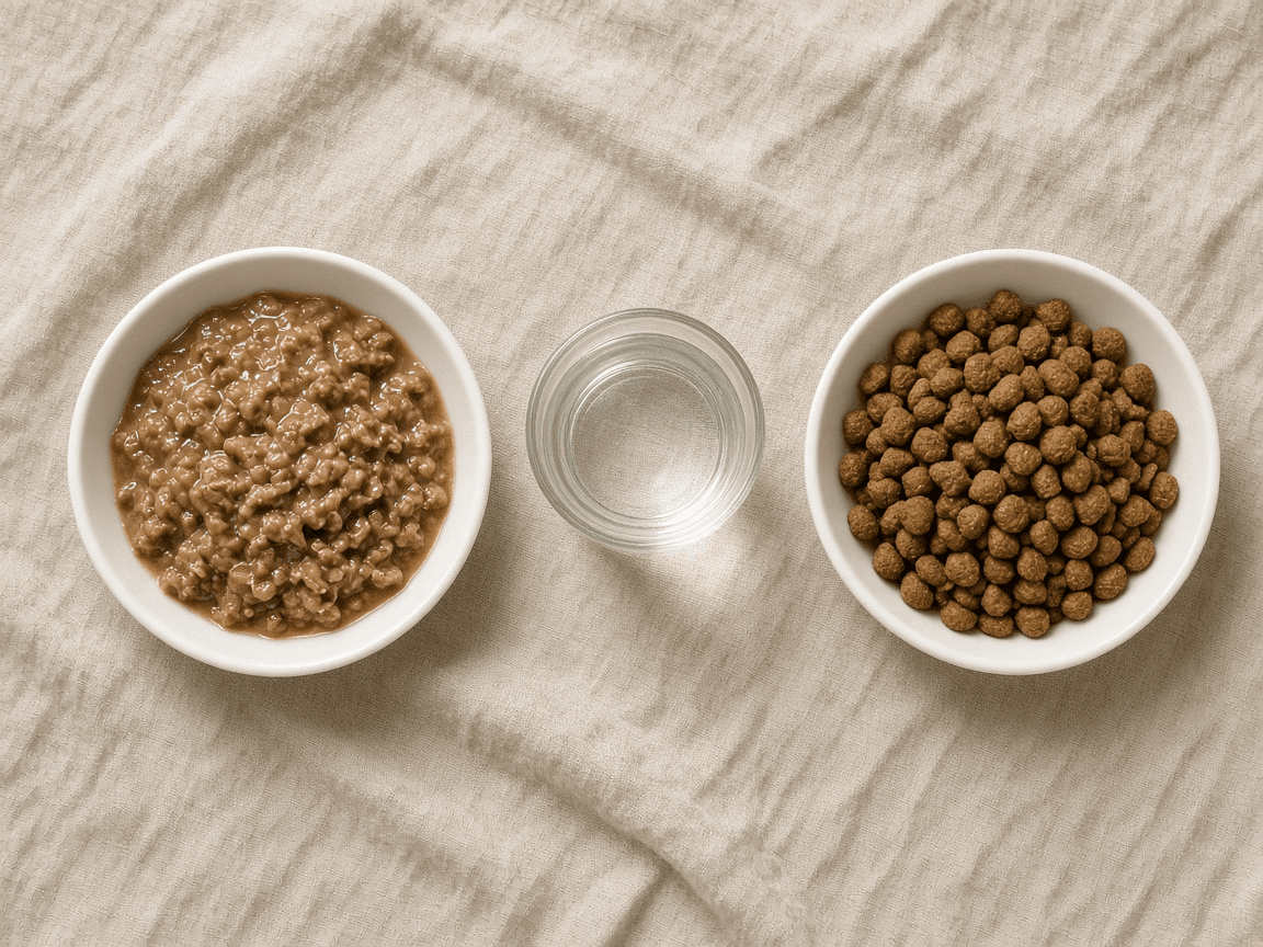 Overhead view of a bowl of wet cat food, a glass of water and a bowl of dry kibble on linen