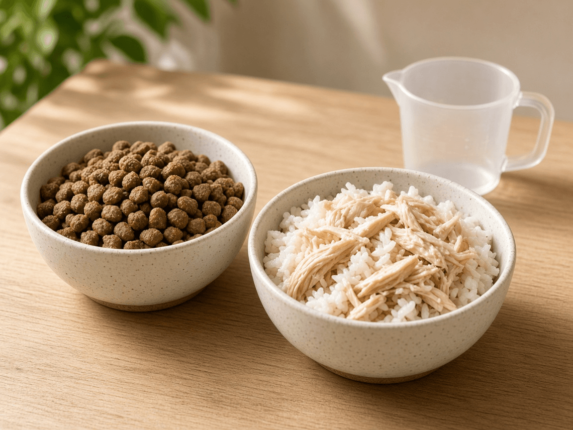 A bowl of dog kibble beside a bowl of plain rice with shredded chicken and a measuring jug