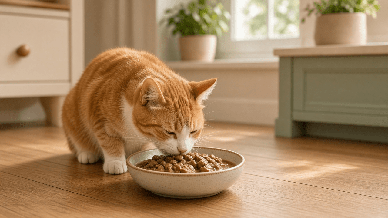 Orange and white cat eating wet food in gravy from a ceramic bowl on a wooden floor