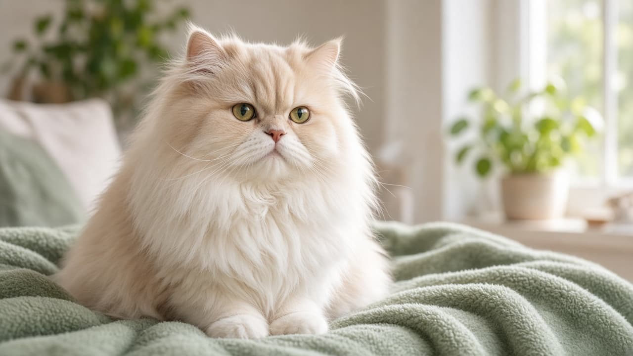 Fluffy cream-and-white Persian cat sitting calmly on a soft sage-green blanket in a bright home