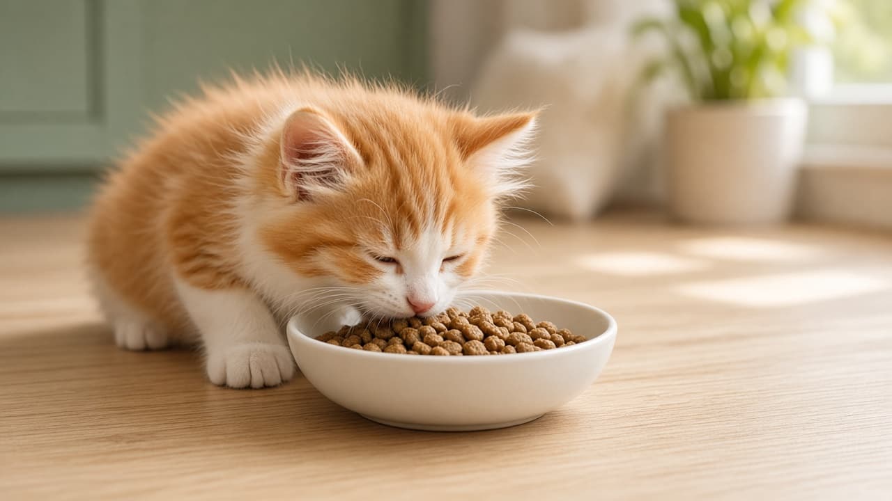 Fluffy ginger and white kitten eating dry kibble from a white ceramic bowl in soft morning light