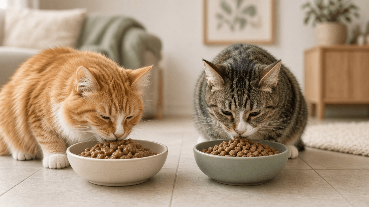 Two cats eating side by side, one from a bowl of wet food and one from a bowl of dry kibble