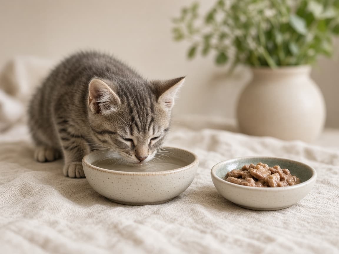 Grey tabby kitten drinking from a ceramic water bowl beside a small dish of wet food on linen